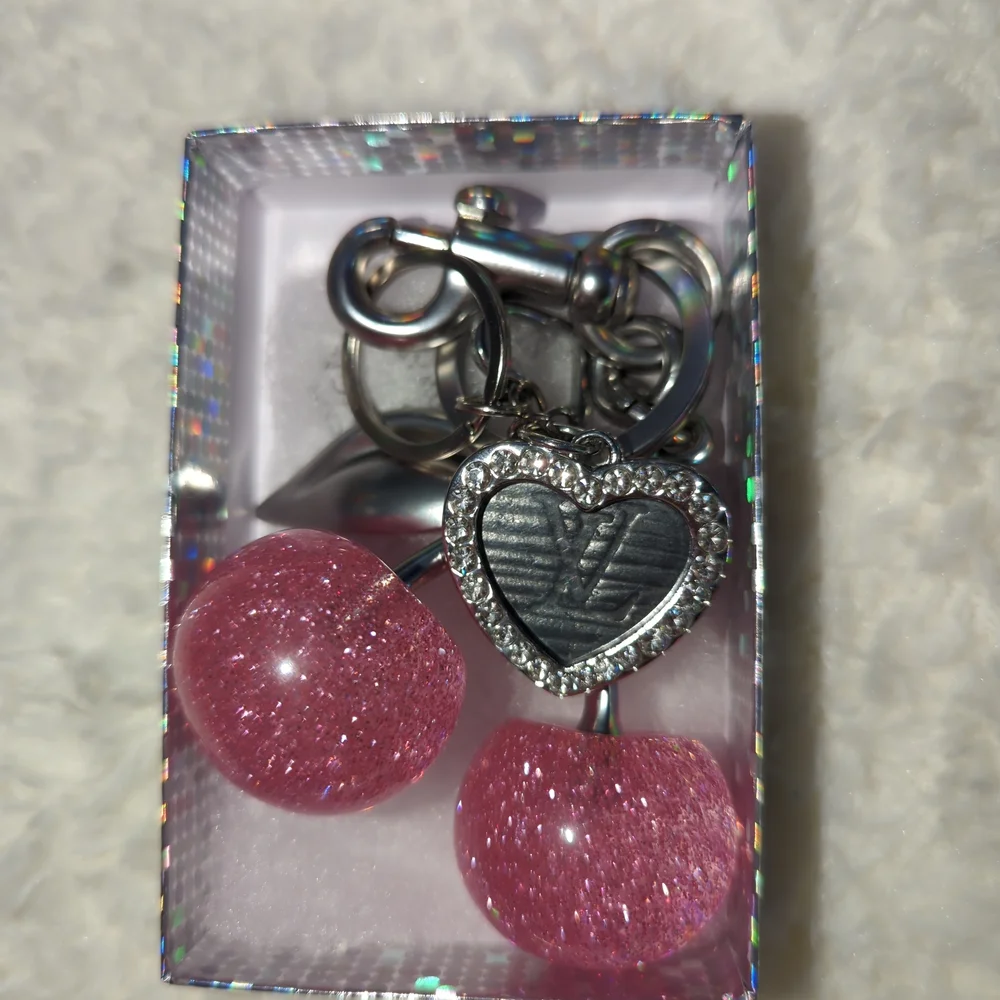 Louis Vuitton Upcycled Epi Leather Heart Charm Pink Glitter Cherry Bag Charm - Picture 2 of 2